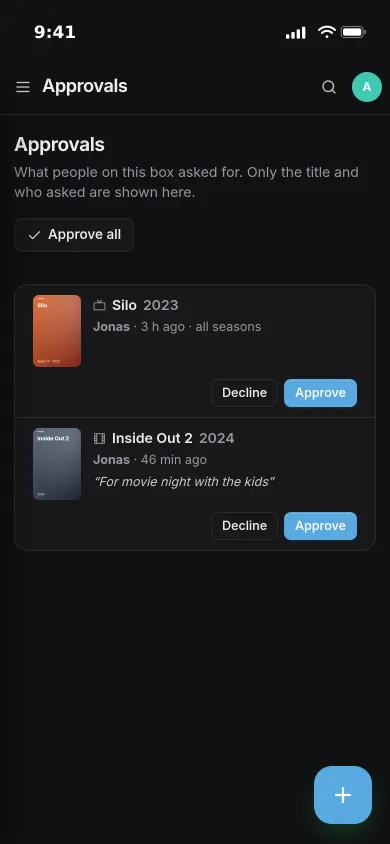 The Approvals page on an iPhone: a show and a film from another member, one with a note, each with Approve and Decline