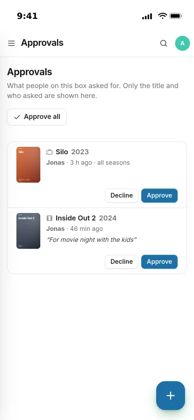 The Approvals page on an iPhone: a show and a film from another member, one with a note, each with Approve and Decline