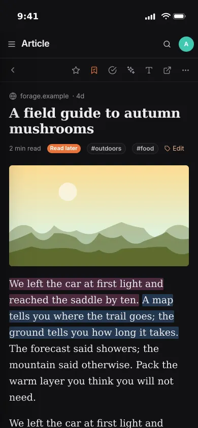 Pocket Reader on an iPhone: a saved article about autumn mushrooms with two passages highlighted
