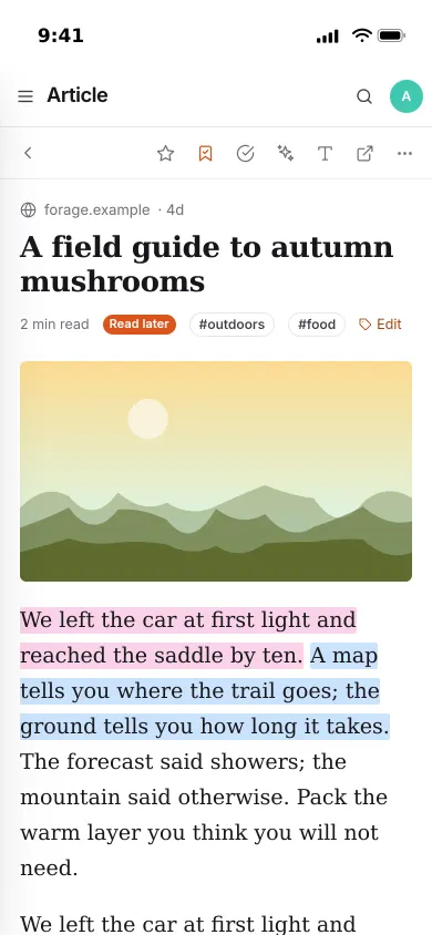 Pocket Reader on an iPhone: a saved article about autumn mushrooms with two passages highlighted