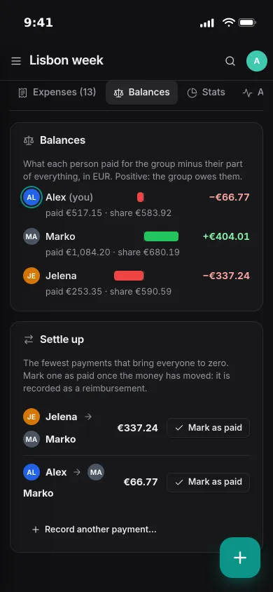 Balances on an iPhone: Marko is owed 404.01 euros, and Jelena and Alex each have one payment to Marko to mark as paid