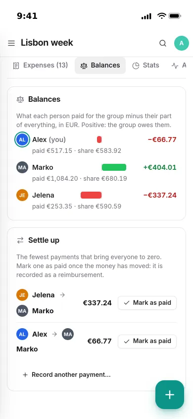 Balances on an iPhone: Marko is owed 404.01 euros, and Jelena and Alex each have one payment to Marko to mark as paid