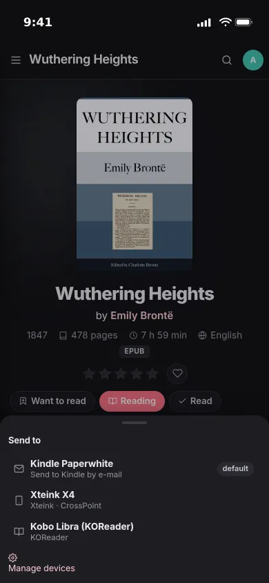 The Send to sheet on an iPhone: a Kindle Paperwhite by e-mail, an Xteink X4 and a Kobo with KOReader