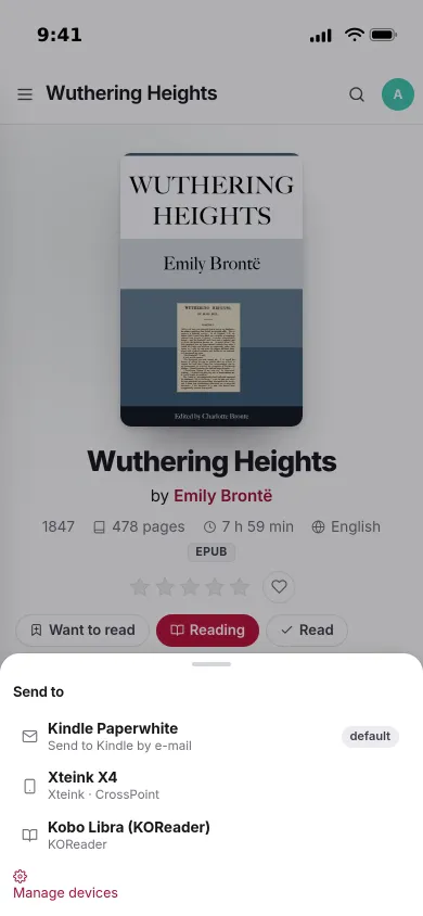 The Send to sheet on an iPhone: a Kindle Paperwhite by e-mail, an Xteink X4 and a Kobo with KOReader