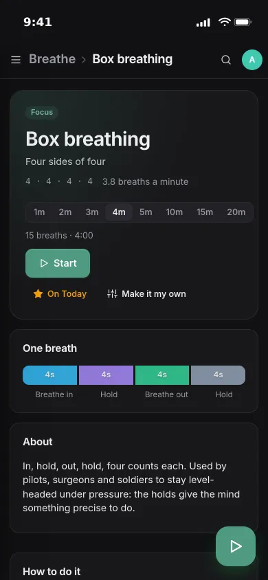 Box breathing on an iPhone: four counts in, hold, out and hold, a length picker and a Start button