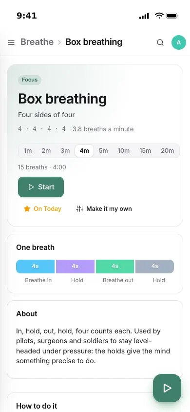 Box breathing on an iPhone: four counts in, hold, out and hold, a length picker and a Start button