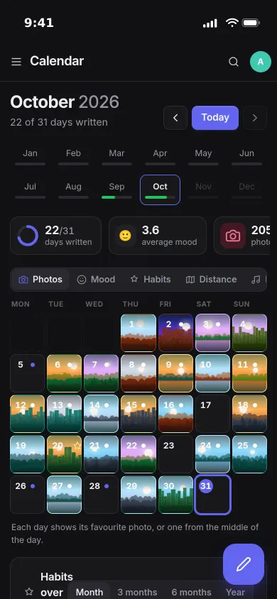The Pocket Day calendar on an iPhone: every day of October shown behind one of its photos