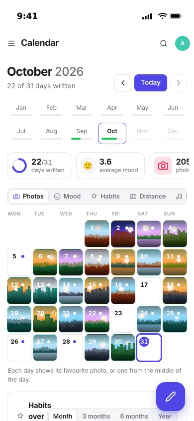 The Pocket Day calendar on an iPhone: every day of October shown behind one of its photos