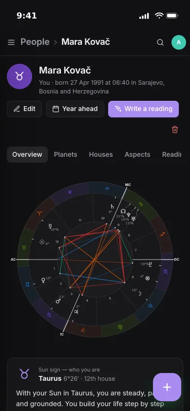 A birth chart on an iPhone: the wheel with planets, houses and coloured aspect lines