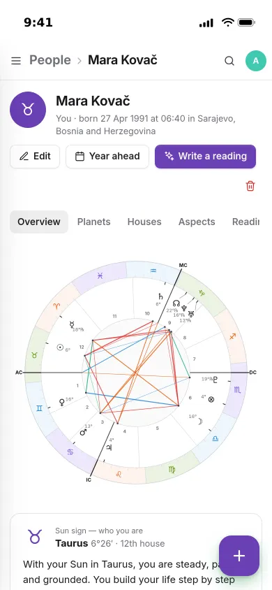 A birth chart on an iPhone: the wheel with planets, houses and coloured aspect lines