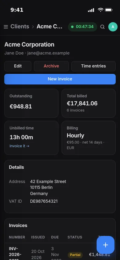 A client on an iPhone: Acme Corporation with outstanding, total billed, 13 hours of unbilled time and hourly billing