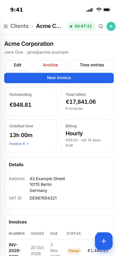 A client on an iPhone: Acme Corporation with outstanding, total billed, 13 hours of unbilled time and hourly billing