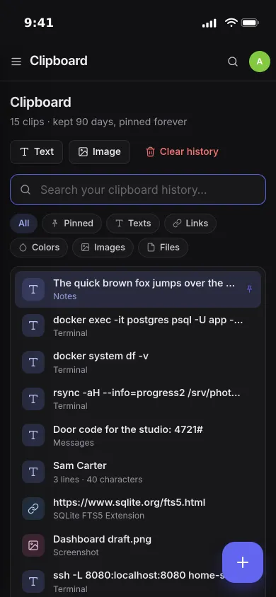 The Pocket Clips clipboard on an iPhone: commands, a contact, a link and a screenshot, each with the app it came from