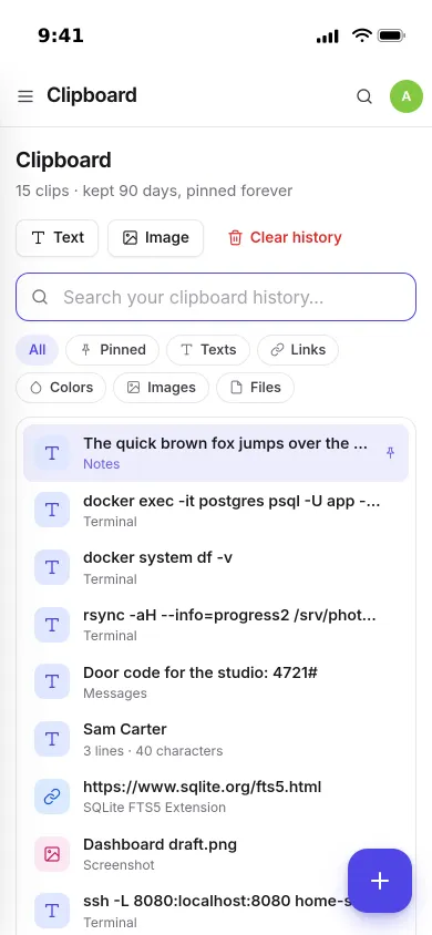 The Pocket Clips clipboard on an iPhone: commands, a contact, a link and a screenshot, each with the app it came from