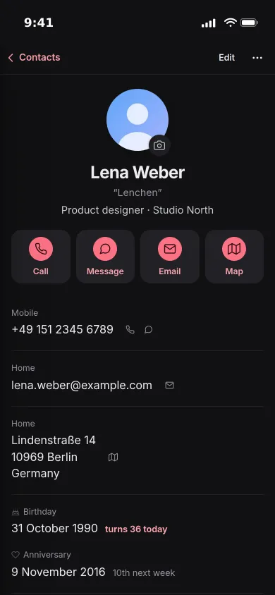 A contact on an iPhone with a picture, nickname and job, four action buttons, a phone number, email, address and birthday