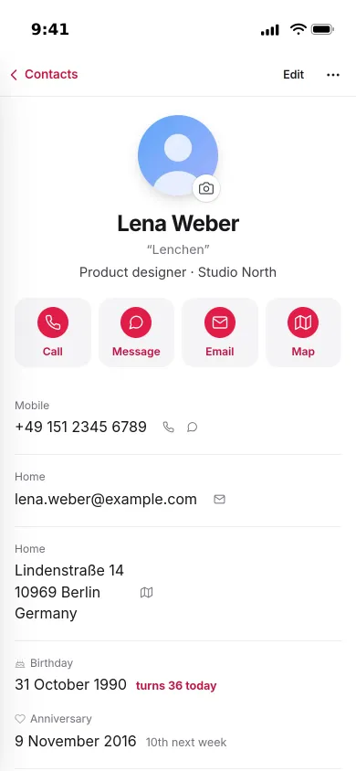 A contact on an iPhone with a picture, nickname and job, four action buttons, a phone number, email, address and birthday