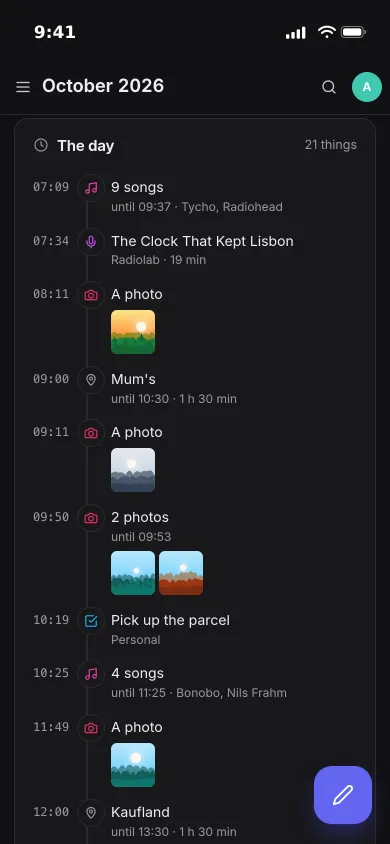 The day's timeline on an iPhone: songs, a podcast episode, photos, a visit and a finished task with their times