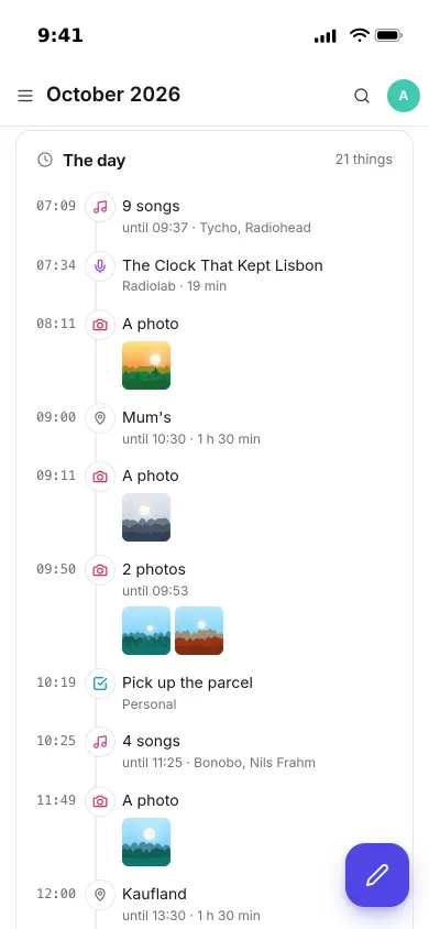 The day's timeline on an iPhone: songs, a podcast episode, photos, a visit and a finished task with their times
