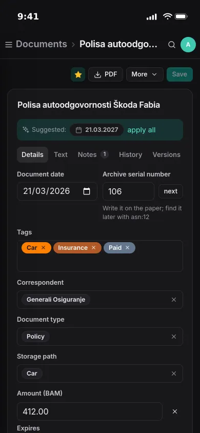 A car insurance policy on an iPhone: tags Car, Insurance and Paid, the insurer, type Policy, storage path Car and an amount of 412.00