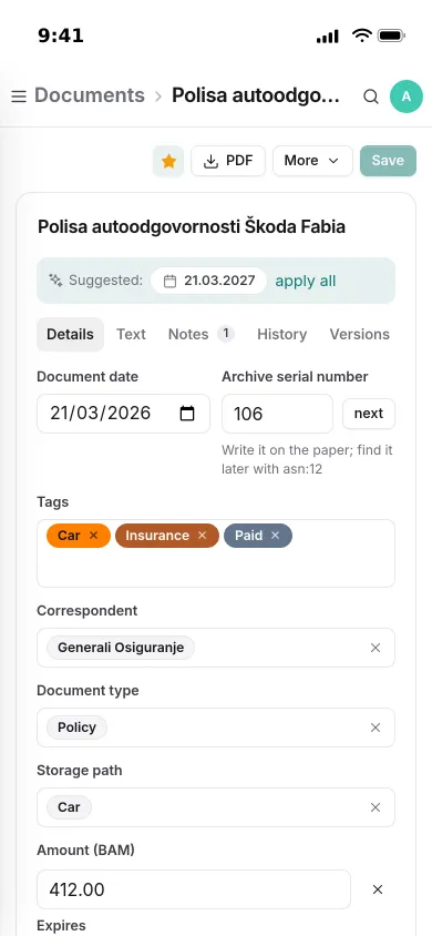 A car insurance policy on an iPhone: tags Car, Insurance and Paid, the insurer, type Policy, storage path Car and an amount of 412.00