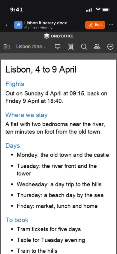 A trip itinerary open in the mobile viewer on an iPhone, with an Edit button at the top