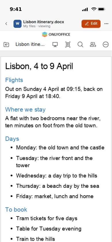 A trip itinerary open in the mobile viewer on an iPhone, with an Edit button at the top