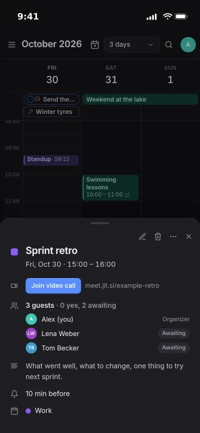 A sprint retro open on an iPhone with a Join video call button, three guests and a reminder ten minutes before