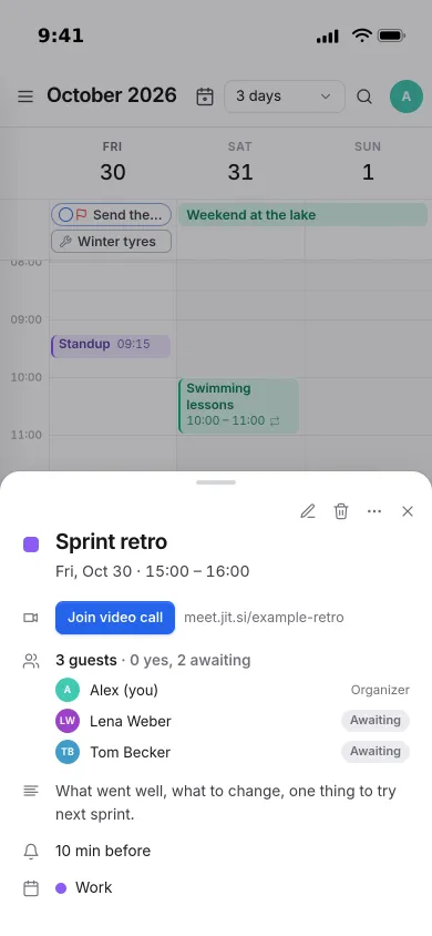 A sprint retro open on an iPhone with a Join video call button, three guests and a reminder ten minutes before