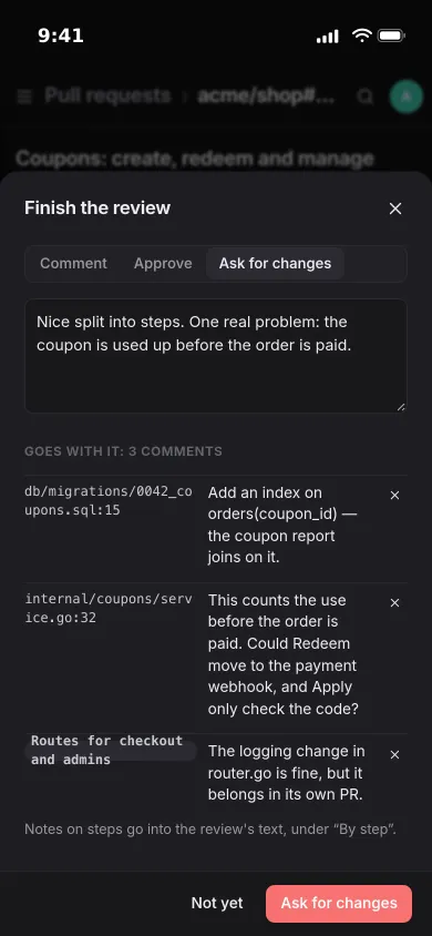 Finishing a review on an iPhone: ask for changes, an overall note and three line comments that go with it