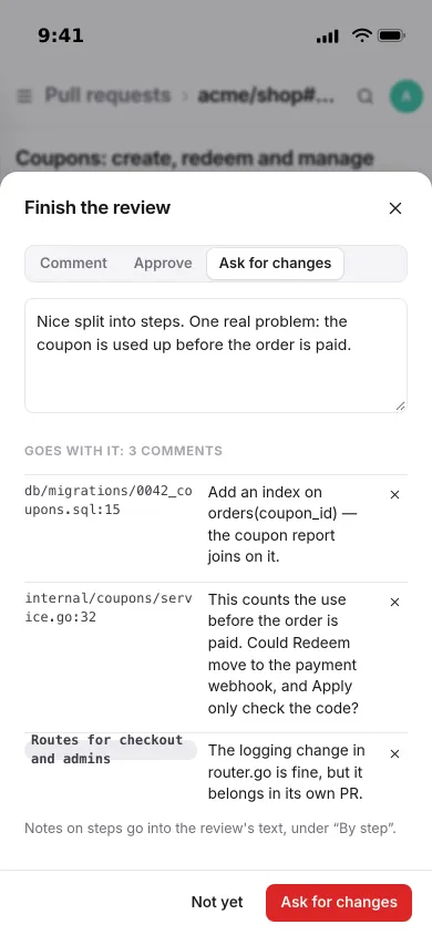 Finishing a review on an iPhone: ask for changes, an overall note and three line comments that go with it