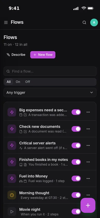 Pocket Flows on an iPhone: a list of flows, each with what starts it and an on/off switch