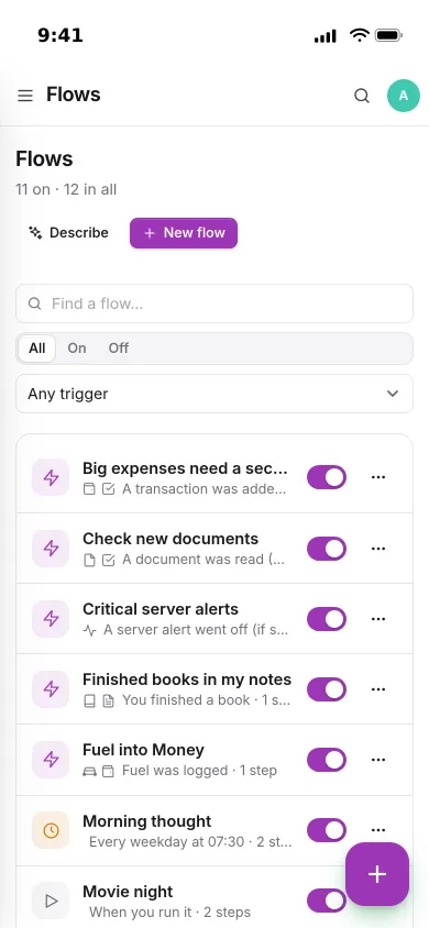Pocket Flows on an iPhone: a list of flows, each with what starts it and an on/off switch