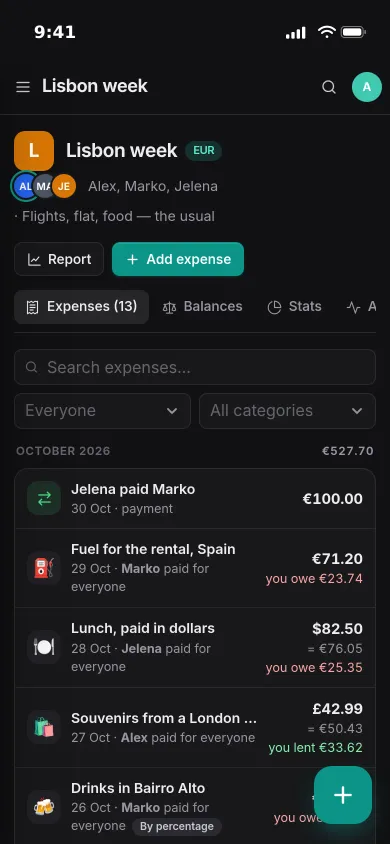 Pocket Split on an iPhone: the Lisbon week group with expenses in euros, dollars and pounds and your share on each line