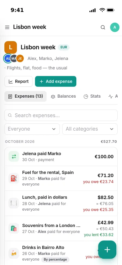 Pocket Split on an iPhone: the Lisbon week group with expenses in euros, dollars and pounds and your share on each line