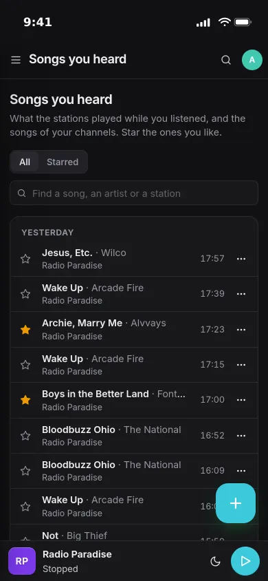Songs you heard on an iPhone: the day’s songs from Radio Paradise, two of them starred
