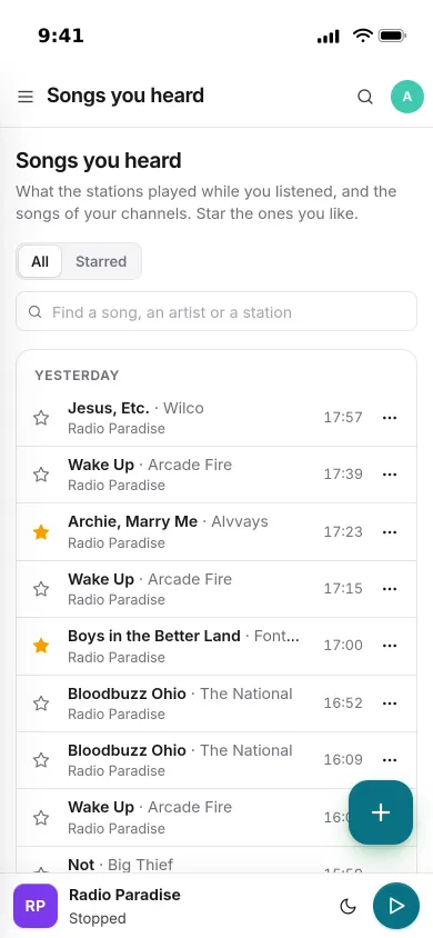 Songs you heard on an iPhone: the day’s songs from Radio Paradise, two of them starred