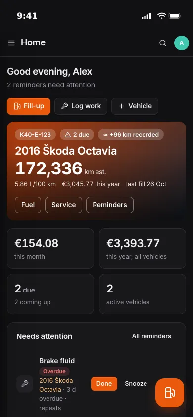 Pocket Garage on an iPhone: a 2016 Škoda Octavia with its estimated odometer, economy and cost this year, and two reminders due