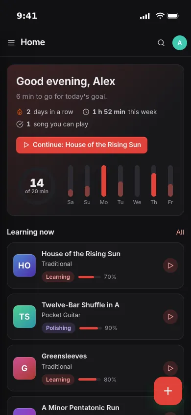 Pocket Guitar on an iPhone: today's 14 of 20 minutes, a two-day streak and the songs being learned