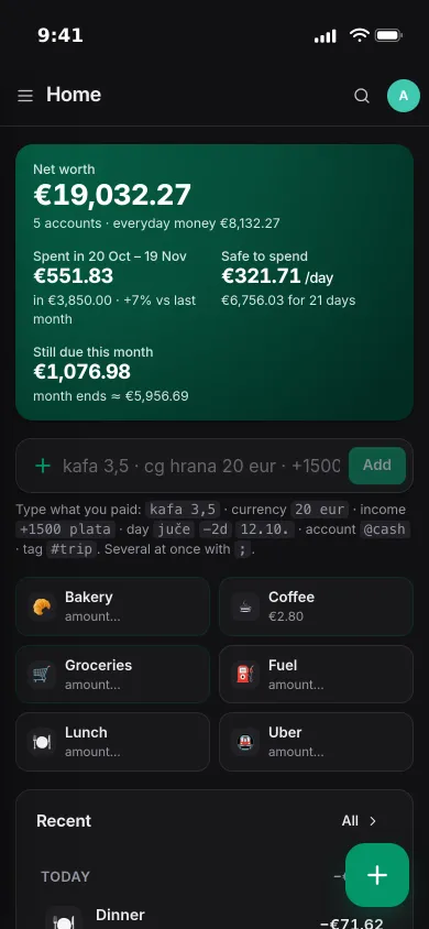 Pocket Money on an iPhone: net worth, spending this month, safe to spend per day and one-tap templates
