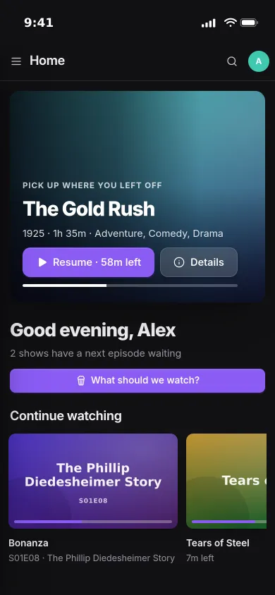Pocket Watch on an iPhone: The Gold Rush to pick up where you left off, and a Bonanza episode under Continue watching