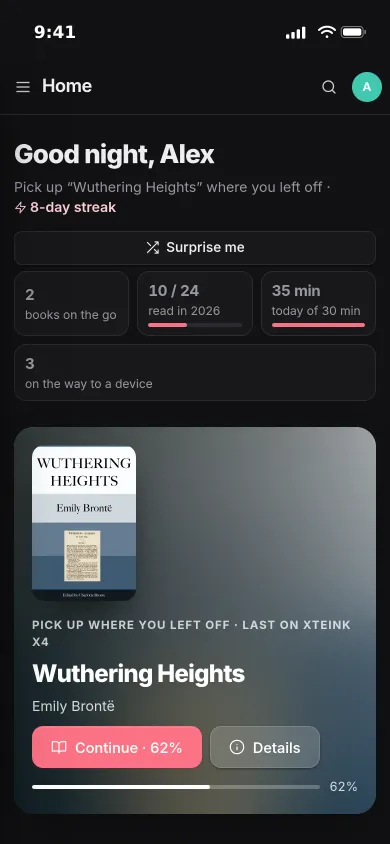 Pocket Library on an iPhone: an 8-day streak, 35 minutes read today and Wuthering Heights to pick up at 62 %