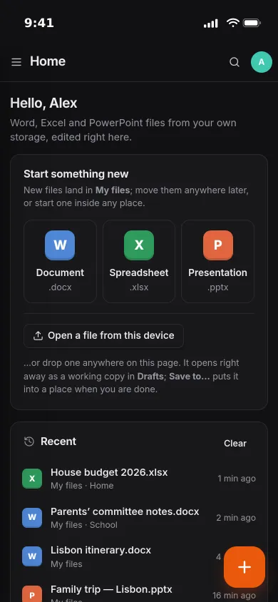 Pocket Office on an iPhone: start a document, spreadsheet or presentation, and recent files from My files