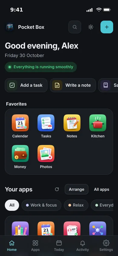 Pocket Hub on an iPhone: a greeting, quick capture buttons, six favourite apps and the start of the app grid