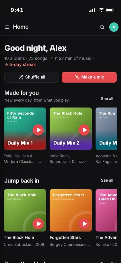 Pocket Music on an iPhone: Home with today's listening time, a streak, Daily Mix 1 and 2, and albums to jump back into