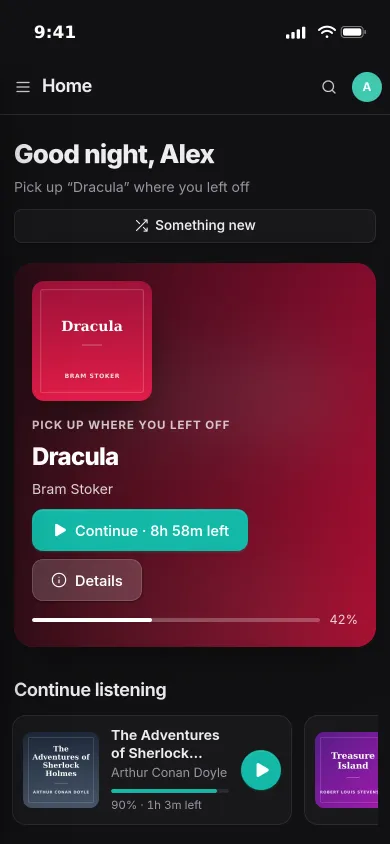 Pocket Audiobooks on an iPhone: Dracula at 42 per cent with a Continue button, and books to continue below