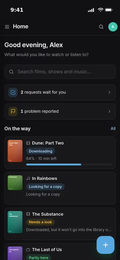 Pocket Requests on an iPhone: two requests to approve, one reported problem, and four titles on the way with their status