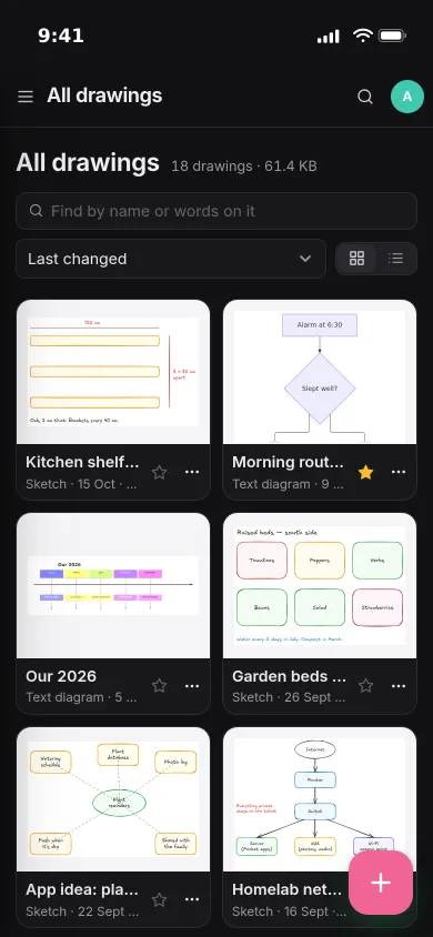 The Pocket Draw library on an iPhone: pictures of a shelf sketch, a morning routine flowchart, a timeline and garden beds