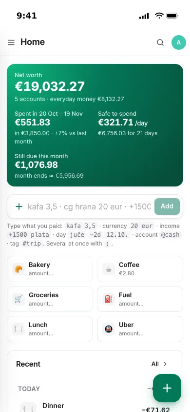 Pocket Money on an iPhone: net worth, spending this month, safe to spend per day and one-tap templates