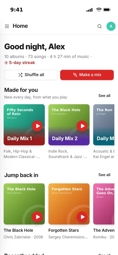 Pocket Music on an iPhone: Home with today's listening time, a streak, Daily Mix 1 and 2, and albums to jump back into