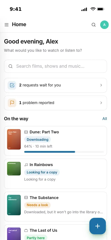 Pocket Requests on an iPhone: two requests to approve, one reported problem, and four titles on the way with their status